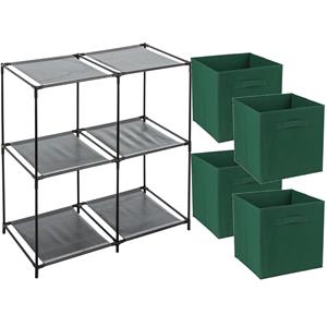 Merkloos Opbergrek 2-laags - metaal - kunststof - zwart - 67 x 68 cm - incl. 4 opbergmanden donker groen -