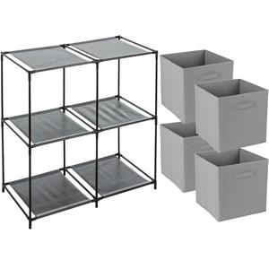 Merkloos Opbergrek 2-laags - metaal - kunststof - zwart - 67 x 68 cm - incl. 4 opbergmanden grijs -