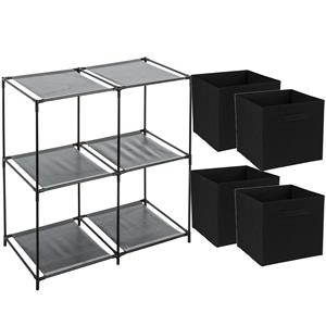 Merkloos Opbergrek 2-laags - metaal - kunststof - zwart - 67 x 68 cm - incl. 4 opbergmanden zwart -