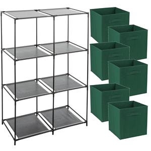 Merkloos Opbergrek 3-laags - metaal - kunststof - zwart - 68 x cm - incl. 6 opbergmanden donker groen -