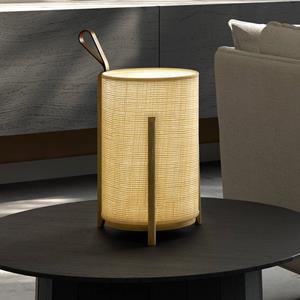 Carpyen LED tafellamp Greta, oplaadbare batterij, natuurvezel/eiken Ø16cm