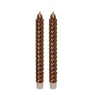 Anna's Collection LED dinerkaarsen - 2x st - koper - glimmend - 25 cm - swirl - 3D vlam - timer functie -