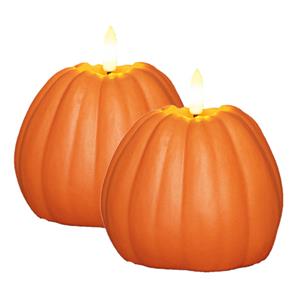Anna's Collection LED pompoen kaars - 2x stuks - oranje - D8,5 x H11 cm - met timer -