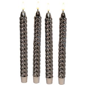 Anna's Collection LED dinerkaarsen - 4x st - zilver - glimmend - 25 cm - swirl - 3D vlam - timer functie -