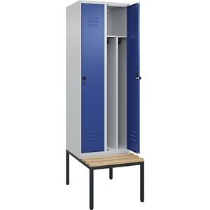 C+P Multifunctionele lockerkast Classic PLUS met zitbank, smal, 2 compartimenten, scheidingswand ingekort, lichtgrijs / gentiaanblauw, b = 600 mm, veiligheidsdraaigrendel, ondergebouwd, beuken-hardhou