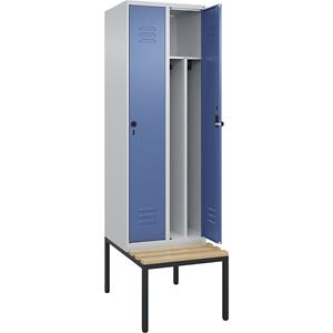 C+P Multifunctionele lockerkast Classic PLUS met zitbank, smal, 2 compartimenten, scheidingswand ingekort, lichtgrijs / verblauw, b = 600 mm, veiligheidsdraaigrendel, ondergebouwd, beuken-hardhout