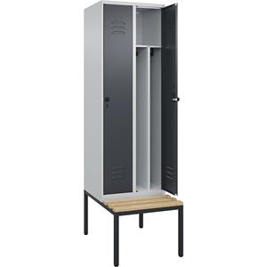 C+P Multifunctionele lockerkast Classic PLUS met zitbank, smal, 2 compartimenten, scheidingswand ingekort, lichtgrijs / grijs, b = 600 mm, veiligheidsdraaigrendel, ondergebouwd, beuken-hardhout