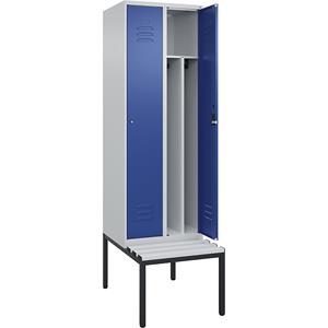 C+P Multifunctionele lockerkast Classic PLUS met zitbank, smal, 2 compartimenten, scheidingswand ingekort, lichtgrijs / gentiaanblauw, b = 600 mm, cilinderslot, ondergebouwd, kunststof