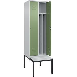 C+P Multifunctionele lockerkast Classic PLUS met zitbank, smal, 2 compartimenten, scheidingswand ingekort, lichtgrijs / resedagroen, b = 600 mm, cilinderslot, ondergebouwd, kunststof