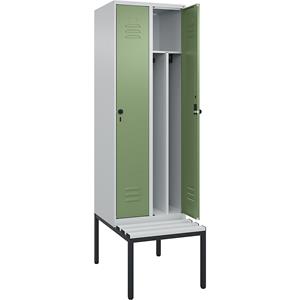 C+P Multifunctionele lockerkast Classic PLUS met zitbank, smal, 2 compartimenten, scheidingswand ingekort, lichtgrijs / resedagroen, b = 600 mm, veiligheidsdraaigrendel, ondergebouwd, kunststof