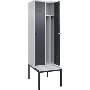 C+P Multifunctionele lockerkast Classic PLUS met zitbank, smal, 2 compartimenten, scheidingswand ingekort, lichtgrijs / grijs, b = 600 mm, veiligheidsdraaigrendel, ondergebouwd, kunststof