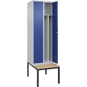 C+P Multifunctionele lockerkast Classic PLUS met zitbank, smal, 2 compartimenten, scheidingswand ingekort, lichtgrijs / gentiaanblauw, b = 600 mm, cilinderslot, ondergebouwd, beuken-hardhout