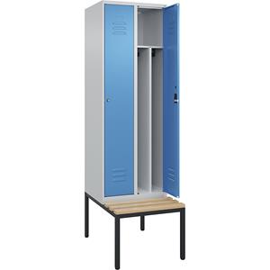 C+P Multifunctionele lockerkast Classic PLUS met zitbank, smal, 2 compartimenten, scheidingswand ingekort, lichtgrijs / lichtblauw, b = 600 mm, cilinderslot, ondergebouwd, beuken-hardhout