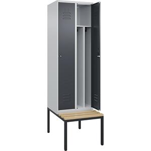 C+P Multifunctionele lockerkast Classic PLUS met zitbank, smal, 2 compartimenten, scheidingswand ingekort, lichtgrijs / grijs, b = 600 mm, cilinderslot, ondergebouwd, beuken-hardhout