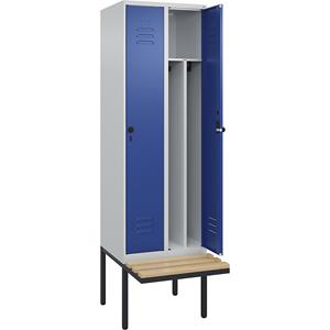C+P Multifunctionele lockerkast Classic PLUS met zitbank, smal, 2 compartimenten, scheidingswand ingekort, lichtgrijs / gentiaanblauw, b = 600 mm, veiligheidsdraaigrendel, vrijdragend, beuken-hardhout