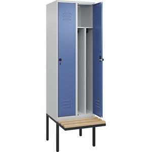 C+P Multifunctionele lockerkast Classic PLUS met zitbank, smal, 2 compartimenten, scheidingswand ingekort, lichtgrijs / verblauw, b = 600 mm, veiligheidsdraaigrendel, vrijdragend, beuken-hardhout