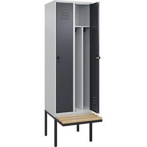 C+P Multifunctionele lockerkast Classic PLUS met zitbank, smal, 2 compartimenten, scheidingswand ingekort, lichtgrijs / grijs, b = 600 mm, veiligheidsdraaigrendel, vrijdragend, beuken-hardhout
