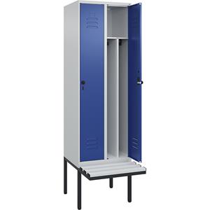 C+P Multifunctionele lockerkast Classic PLUS met zitbank, smal, 2 compartimenten, scheidingswand ingekort, lichtgrijs / gentiaanblauw, b = 600 mm, veiligheidsdraaigrendel, vrijdragend, kunststof