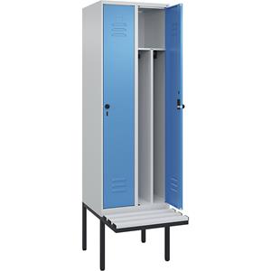 C+P Multifunctionele lockerkast Classic PLUS met zitbank, smal, 2 compartimenten, scheidingswand ingekort, lichtgrijs / lichtblauw, b = 600 mm, veiligheidsdraaigrendel, vrijdragend, kunststof