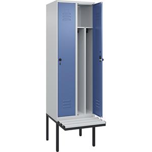 C+P Multifunctionele lockerkast Classic PLUS met zitbank, smal, 2 compartimenten, scheidingswand ingekort, lichtgrijs / verblauw, b = 600 mm, veiligheidsdraaigrendel, vrijdragend, kunststof
