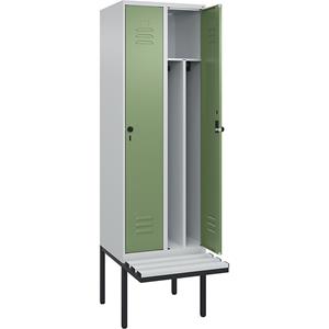 C+P Multifunctionele lockerkast Classic PLUS met zitbank, smal, 2 compartimenten, scheidingswand ingekort, lichtgrijs / resedagroen, b = 600 mm, veiligheidsdraaigrendel, vrijdragend, kunststof