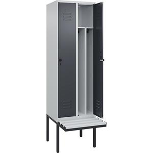 C+P Multifunctionele lockerkast Classic PLUS met zitbank, smal, 2 compartimenten, scheidingswand ingekort, lichtgrijs / grijs, b = 600 mm, veiligheidsdraaigrendel, vrijdragend, kunststof