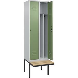 C+P Multifunctionele lockerkast Classic PLUS met zitbank, smal, 2 compartimenten, scheidingswand ingekort, lichtgrijs / resedagroen, b = 600 mm, cilinderslot, vrijdragend, beuken-hardhout