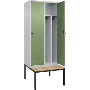 C+P Multifunctionele lockerkast Classic PLUS met zitbank, smal, 2 compartimenten, scheidingswand ingekort, lichtgrijs / resedagroen, b = 800 mm, veiligheidsdraaigrendel, ondergebouwd, beuken-hardhout