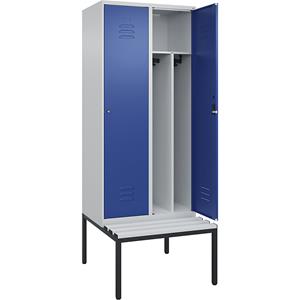 C+P Multifunctionele lockerkast Classic PLUS met zitbank, smal, 2 compartimenten, scheidingswand ingekort, lichtgrijs / gentiaanblauw, b = 800 mm, cilinderslot, ondergebouwd, kunststof