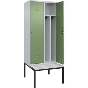 C+P Multifunctionele lockerkast Classic PLUS met zitbank, smal, 2 compartimenten, scheidingswand ingekort, lichtgrijs / resedagroen, b = 800 mm, cilinderslot, ondergebouwd, kunststof
