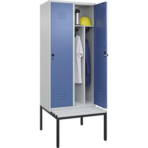 C+P Multifunctionele lockerkast Classic PLUS met zitbank, smal, 2 compartimenten, scheidingswand ingekort, lichtgrijs / verblauw, b = 800 mm, veiligheidsdraaigrendel, ondergebouwd, kunststof