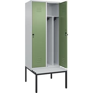 C+P Multifunctionele lockerkast Classic PLUS met zitbank, smal, 2 compartimenten, scheidingswand ingekort, lichtgrijs / resedagroen, b = 800 mm, veiligheidsdraaigrendel, ondergebouwd, kunststof