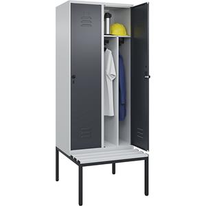 C+P Multifunctionele lockerkast Classic PLUS met zitbank, smal, 2 compartimenten, scheidingswand ingekort, lichtgrijs / grijs, b = 800 mm, veiligheidsdraaigrendel, ondergebouwd, kunststof