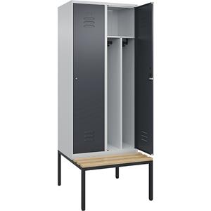 C+P Multifunctionele lockerkast Classic PLUS met zitbank, smal, 2 compartimenten, scheidingswand ingekort, lichtgrijs / grijs, b = 800 mm, cilinderslot, ondergebouwd, beuken-hardhout