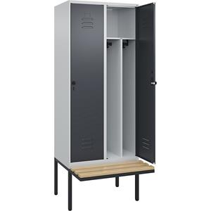 C+P Multifunctionele lockerkast Classic PLUS met zitbank, smal, 2 compartimenten, scheidingswand ingekort, lichtgrijs / grijs, b = 800 mm, veiligheidsdraaigrendel, vrijdragend, beuken-hardhout
