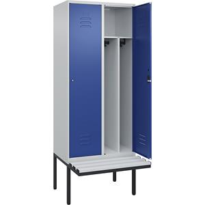 C+P Multifunctionele lockerkast Classic PLUS met zitbank, smal, 2 compartimenten, scheidingswand ingekort, lichtgrijs / gentiaanblauw, b = 800 mm, cilinderslot, vrijdragend, kunststof