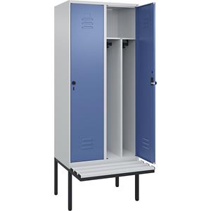 C+P Multifunctionele lockerkast Classic PLUS met zitbank, smal, 2 compartimenten, scheidingswand ingekort, lichtgrijs / verblauw, b = 800 mm, veiligheidsdraaigrendel, vrijdragend, kunststof