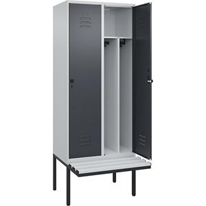 C+P Multifunctionele lockerkast Classic PLUS met zitbank, smal, 2 compartimenten, scheidingswand ingekort, lichtgrijs / grijs, b = 800 mm, veiligheidsdraaigrendel, vrijdragend, kunststof