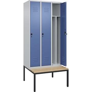 C+P Multifunctionele lockerkast Classic PLUS met zitbank, smal, 3 compartimenten, scheidingswand ingekort, lichtgrijs / verblauw, b = 900 mm, veiligheidsdraaigrendel, ondergebouwd, beuken-hardhout