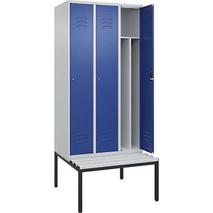 C+P Multifunctionele lockerkast Classic PLUS met zitbank, smal, 3 compartimenten, scheidingswand ingekort, lichtgrijs / gentiaanblauw, b = 900 mm, cilinderslot, ondergebouwd, kunststof