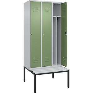 C+P Multifunctionele lockerkast Classic PLUS met zitbank, smal, 3 compartimenten, scheidingswand ingekort, lichtgrijs / resedagroen, b = 900 mm, cilinderslot, ondergebouwd, kunststof