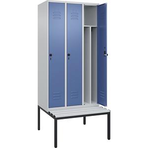 C+P Multifunctionele lockerkast Classic PLUS met zitbank, smal, 3 compartimenten, scheidingswand ingekort, lichtgrijs / verblauw, b = 900 mm, veiligheidsdraaigrendel, ondergebouwd, kunststof