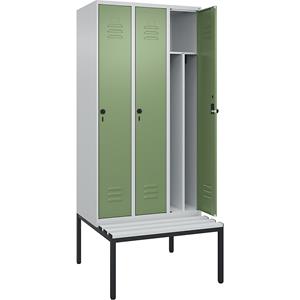 C+P Multifunctionele lockerkast Classic PLUS met zitbank, smal, 3 compartimenten, scheidingswand ingekort, lichtgrijs / resedagroen, b = 900 mm, veiligheidsdraaigrendel, ondergebouwd, kunststof