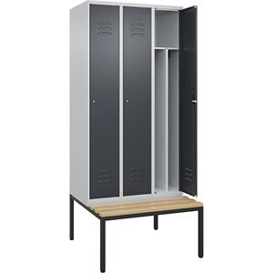 C+P Multifunctionele lockerkast Classic PLUS met zitbank, smal, 3 compartimenten, scheidingswand ingekort, lichtgrijs / grijs, b = 900 mm, cilinderslot, ondergebouwd, beuken-hardhout
