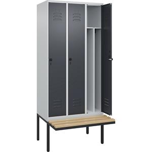 C+P Multifunctionele lockerkast Classic PLUS met zitbank, smal, 3 compartimenten, scheidingswand ingekort, lichtgrijs / grijs, b = 900 mm, veiligheidsdraaigrendel, vrijdragend, beuken-hardhout