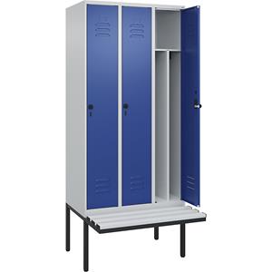 C+P Multifunctionele lockerkast Classic PLUS met zitbank, smal, 3 compartimenten, scheidingswand ingekort, lichtgrijs / gentiaanblauw, b = 900 mm, veiligheidsdraaigrendel, vrijdragend, kunststof