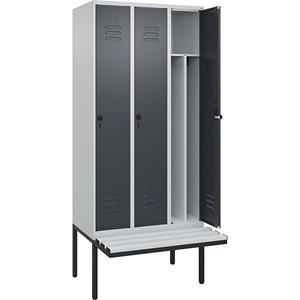 C+P Multifunctionele lockerkast Classic PLUS met zitbank, smal, 3 compartimenten, scheidingswand ingekort, lichtgrijs / grijs, b = 900 mm, veiligheidsdraaigrendel, vrijdragend, kunststof
