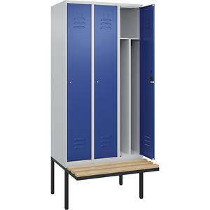 C+P Multifunctionele lockerkast Classic PLUS met zitbank, smal, 3 compartimenten, scheidingswand ingekort, lichtgrijs / gentiaanblauw, b = 900 mm, cilinderslot, vrijdragend, beuken-hardhout