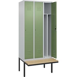 C+P Multifunctionele lockerkast Classic PLUS met zitbank, smal, 3 compartimenten, scheidingswand ingekort, lichtgrijs / resedagroen, b = 900 mm, cilinderslot, vrijdragend, beuken-hardhout