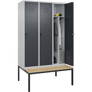 C+P Multifunctionele lockerkast Classic PLUS met zitbank, smal, 3 compartimenten, scheidingswand ingekort, lichtgrijs / grijs, b = 1200 mm, veiligheidsdraaigrendel, ondergebouwd, beuken-hardhout